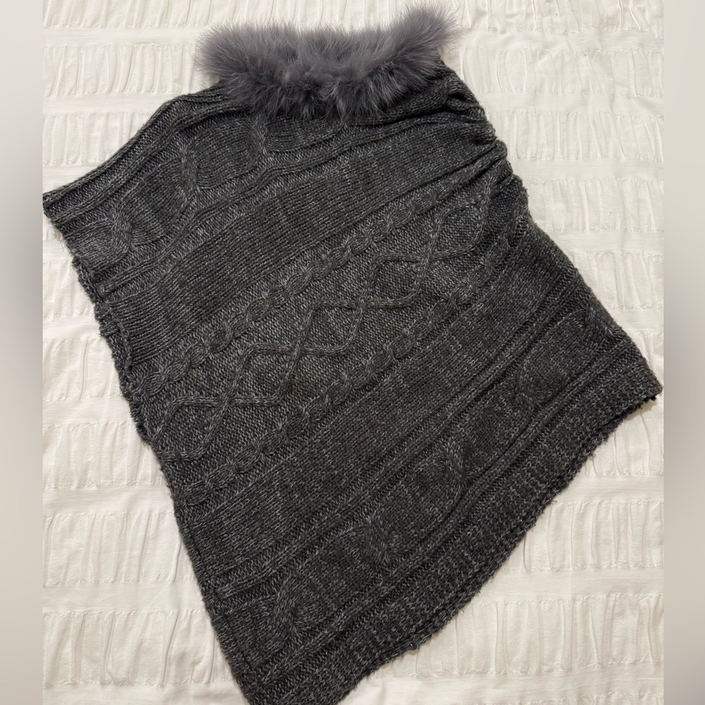 Gray Knit Poncho with Fur Trim
